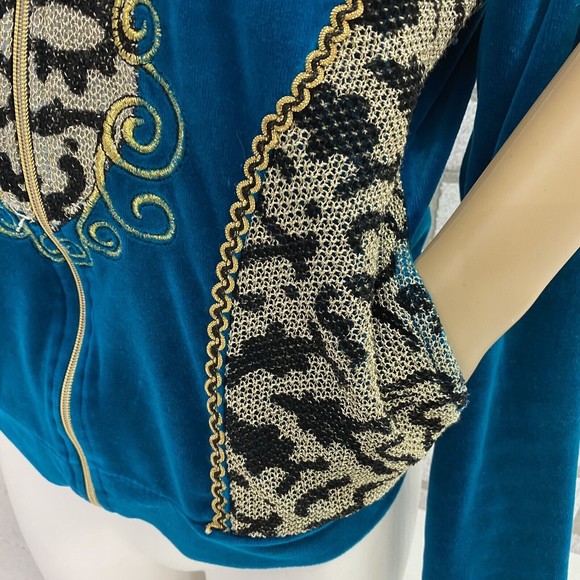 Koc & Grup womens Track Jacket Medium Velour Turquoise Blue Zip Up Mock Neck - Picture 6 of 12
